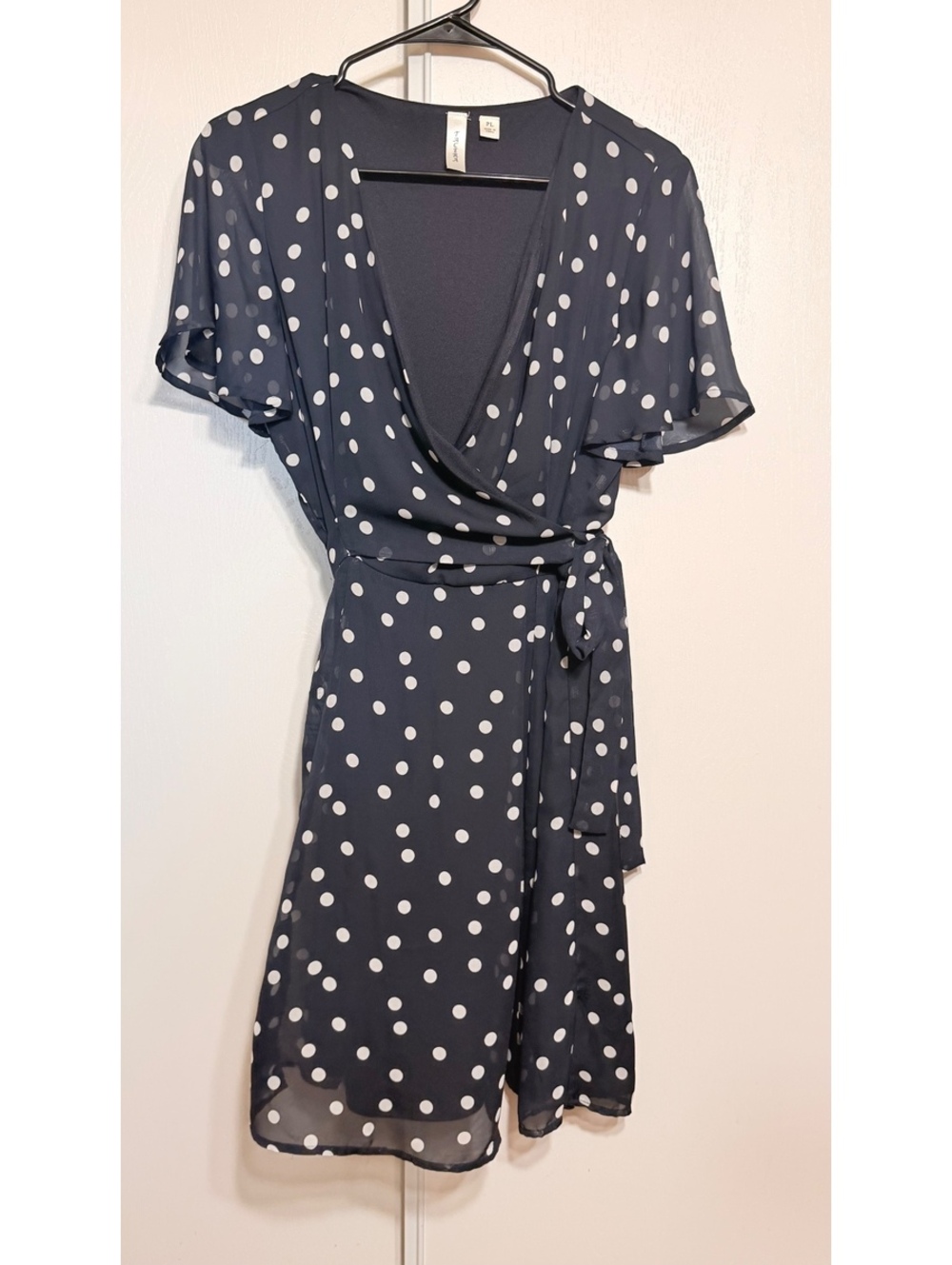 Tacera Navy Blue Polka Dot Wrap Dress with Belt Large